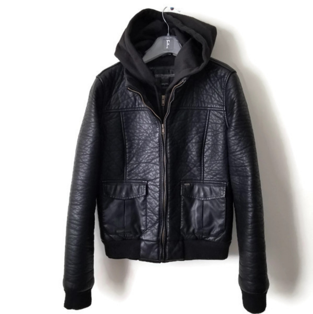 Obey bomber jacket faux leather hoodie sz L